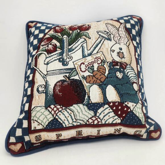 Tapestry Pillow Spring Themed 11" Rabbit Apple Tulip Carrots Seeds home couch - Picture 1 of 4